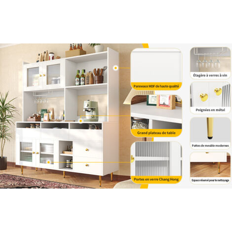 Meuble de cuisine moderne et minimaliste (taille : 145 x 39 x 171 cm). Il est équipé de portes en verre trempé, de étagères en verre et d’un espace de rangement à plusieurs niveaux (1/5)