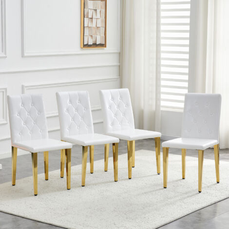 4 chaises de salon en blanc pur, avec des pieds métalliques dorés à la feuille d’or. Parfaite pour les salles à manger européennes. Les pieds métalliques dorés offrent une grande variété de combinais (1/5)