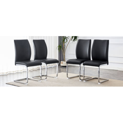 Design élégant dans un style européen : 4 chaises confortables en matériau PU noir, avec des pieds métalliques argentés. Combinez l’élégance avec un design moderne pour améliorer votre espace de vie. (1/5)
