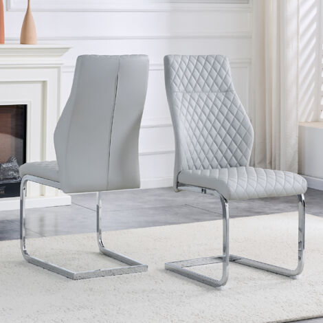 [2e set] Chaise à manger avec un motif rayé de couleur gris clair : dossier haut + coussin confortable. Cadre métallique de couleur argentée, résistant aux éclabousses et durable. (1/5)