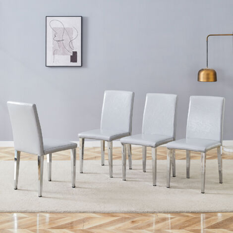 [4 chaises minimalistes pour la salle à manger] Un luxe européen élégant dans une couleur gris argenté : cuir PU de couleur gris clair avec structure, pieds métalliques de couleur argentée. (1/5)