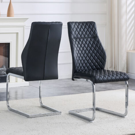 [2ème ensemble] Fauteuil de salle à manger avec motif noir en losanges : assise haute + coussin confortable. Cadre métallique de couleur argentée, antidérapant et résistant au temps. Idéal pour les re (1/5)