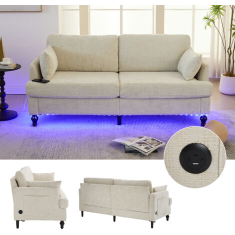 Canapé moderne à deux places, confortable. Pieds en bois. Lumière LED. Prise de charge via USB. Sac de rangement intégré. Parfait pour la chambre, le salon ou le bureau. (1/5)