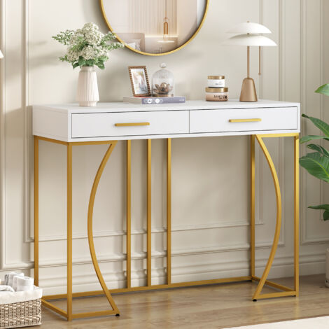 Table de console, table de salon avec 2 tiroirs. Style de déco élégant. Table d’appoint pour le canapé. Dimensions : 110 x 32 x 85 cm. Couleur : blanc/or/argenté. (1/5)