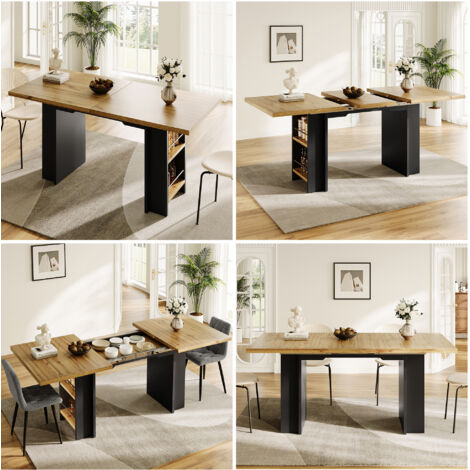 Table à manger télescopique (dimension : 120–160×80 cm). Tablette avec des étagères. Tablette de cuisine. Conçu pour les cuisines et les salons. En bois de couleur naturelle. (1/5)