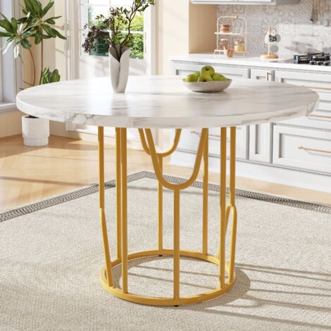 Table ronde (80 x 80 x 76 cm). Tablette légère et luxueuse, conçue pour accueillir 4 à 6 personnes. Parfaitement adaptée aux salons et aux salles de séjour. Plateau en MDF laqué, pieds dorés. (1/5)
