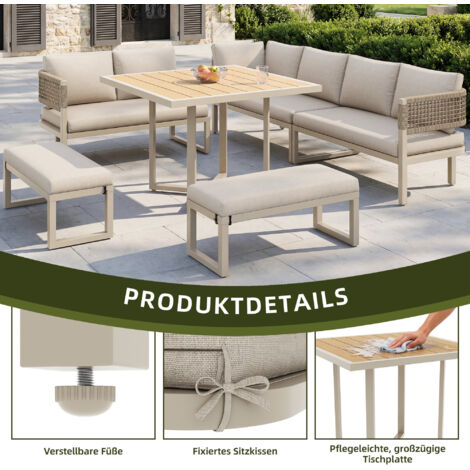 Set de meubles pour jardin pour 8-10 personnes, canapé avec grand bureau bois synthétique, finition bois, pieds ajustables, tous coussins sièges et dos inclus. (1/5)