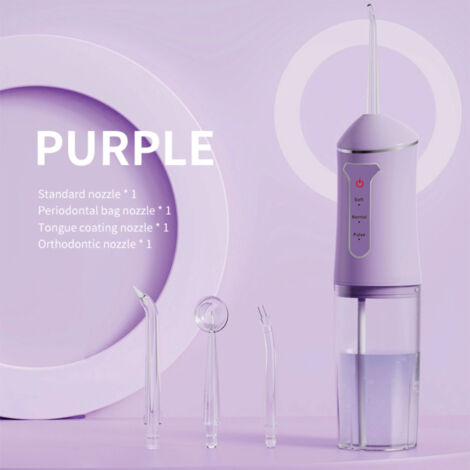 Ensemble hydropulseur, irrigateur buccal pour l'hygiène dentaire et gingivale, 4 embouts et 3 modes de nettoyage, rechargeable par USB (violet) (1/5)