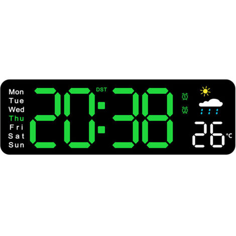 Horloge murale numérique, horloge numérique grand format avec télécommande, réveil LED filaire, horloge météo multifonction (lumière verte) (1/5)