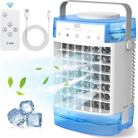Petit climatiseur 4 en 1, ventilateur de refroidissement d'air de bureau, Ventilateur brumisateur rechargeable avec réservoir d'eau et minuterie