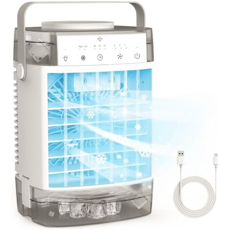 Climatiseurs portables, petit ventilateur personnel 4 en 1 avec réservoir d'eau de 1 000 ml, minuterie, 3 brumisateurs, 7 veilleuses, chargement USB.