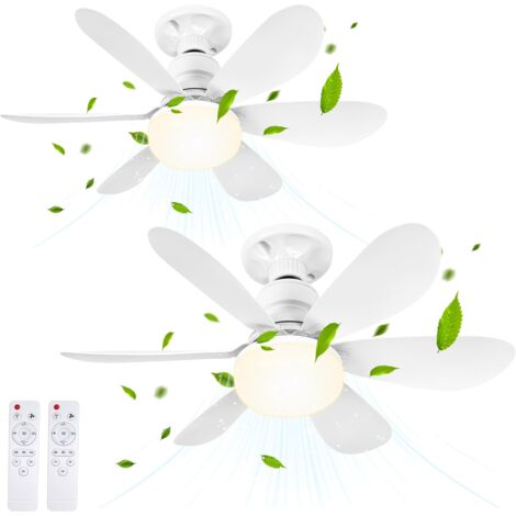 Lot de 2 ventilateurs de plafond avec lumière et télécommande, petit ventilateur de plafond LED à intensité variable de 52 cm avec douille E27