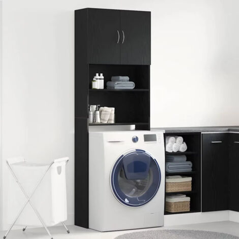 Meuble sous-lave-linge en chêne noir, colonne de rangement étroite avec porte pour buanderie ou salle de bain, étagère (1/5)