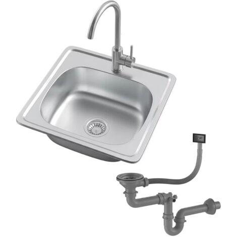Ensemble évier de cuisine en acier inoxydable, bac simple avec robinet et bonde (U) (1/5)