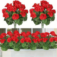 NICOLA Lot de 8 fleurs artificielles en soie résistantes aux UV, géranium et bégonia artificiels, rouges, 35 cm
