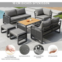 Set de chaises de jardin pour 6-7 personnes, chaise fil tissé main, structure fer, coussins doux siège et dossier, pieds réglables, couleur gris.