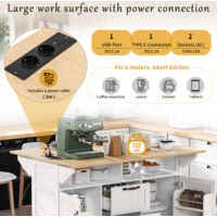 Îlot de cuisine avec des roulettes, table à manger démontable, îlot de cuisine mobile équipé de tiroirs et de porte-serviettes. Meuble de cuisine portable, avec des prises électriques.