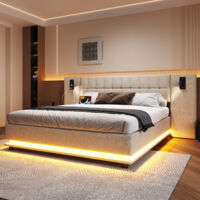 Lit en forme de lit polster, dimensions 180×200 cm. Il est équipé d’un éclairage LED sur le dessus du lit. Il dispose également d’une télécommande USB. Ce lit ne comporte pas de matelas. Matériau : li