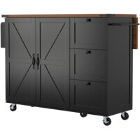 Îlot de cuisine, planches à découper avec surface de travail détachable, armoire de cuisine, parapluie de cuisine, plans de travail en bois, plans de travail avec deux portes et trois tiroirs, noir
