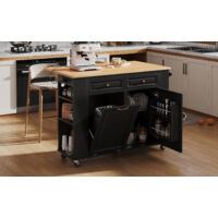Îlot de cuisine avec des roulettes, table à manger extensible, îlot de cuisine équipé d’un espace pour les déchets et de supports pour serviettes.