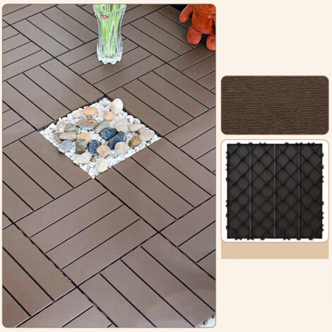 Fuleadture Lot de 11 dalles de terrasse en plastique grain bois café 30 x 30 cm, motif os de mulet, pour terrasse, jardin et balcon, entretien minimal.