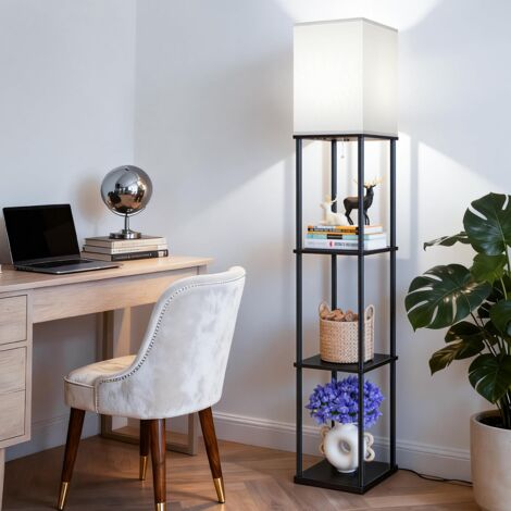 Lampadaire avec étagère de rangement, lampe de salon noire, lampe à trois niveaux avec étagère (éclairage tricolore, norme européenne) (1/5)
