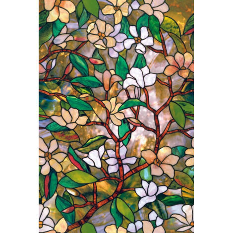 2 rouleaux de film électrostatique décoratif pour fenêtre, film décoratif pour vitrail, motif feuilles et fleurs colorées, 60 x 100 cm (1/5)