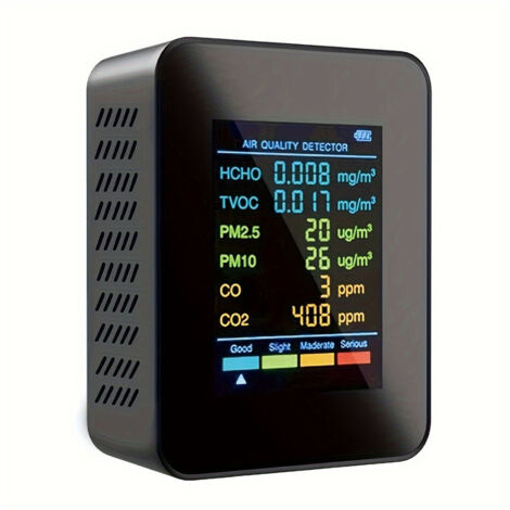 Moniteur de qualité de l'air 6 en 1 haut de gamme - Détecteur précis de CO2, CO, PM2,5, PM10, HCHO et COVT avec grand écran LCD, rechargeable par USB (1/5)