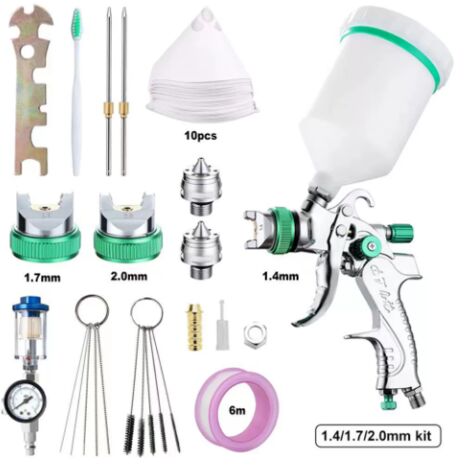 Kit de pistolets HVLP vert 2008, avec 3 buses de 1,4/1,7/2 mm et un godet de 600 cc, pour peinture automobile, apprêts et revêtements. (1/5)