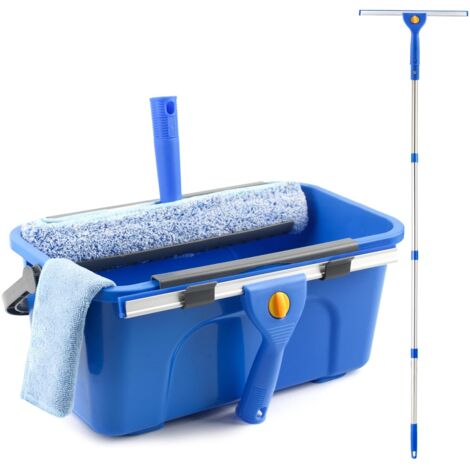Kit de nettoyage de vitres extensible avec seau, raclette à vitres et manche en 4 sections, grattoir à vitres, nettoyant pour vitres ménager (150 cm)