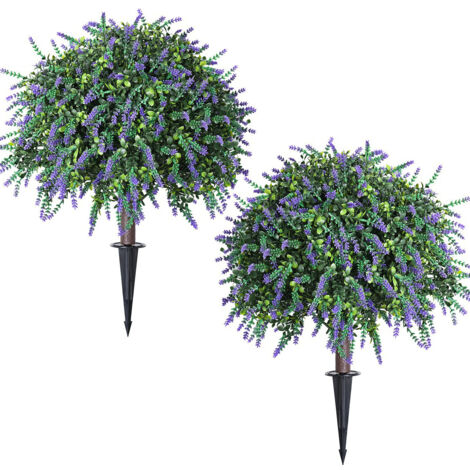 Ensemble de deux pièces de buis sphérique artificiel, plantes de lavande simulées, arbustes artificiels, avec piquets de sol, résistants UV, violet (1/5)