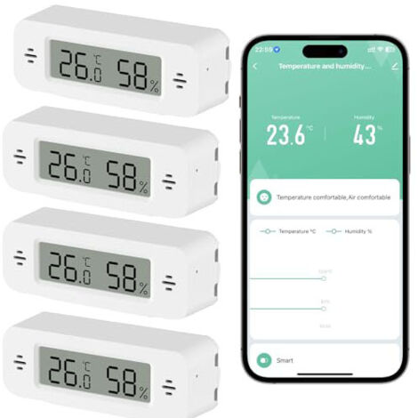 Lot de 4 thermomètres hygromètres d'intérieur Wi-Fi avec alarme et historique pour serres, chambres de bébé, compatibles Smart Life/Tuya Smart/Alexa (1/5)