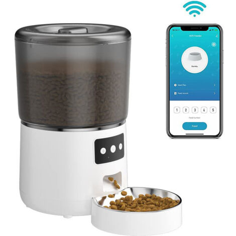 Distributeur automatique de croquettes 4 L pour chats et chiens, avec minuterie, Wi-Fi, application de contrôle, double alimentation, blanc (1/5)