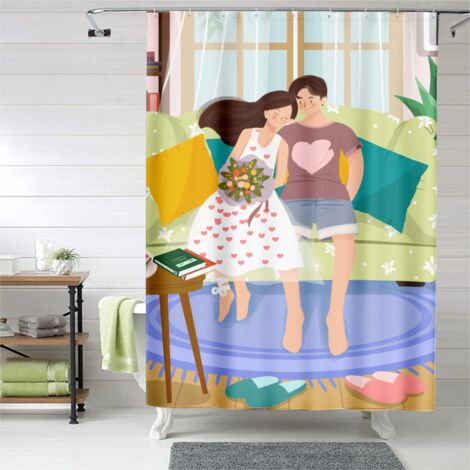 Rideau de douche cartoon amoureux, œillets plastique – Cadeau original (1/5)