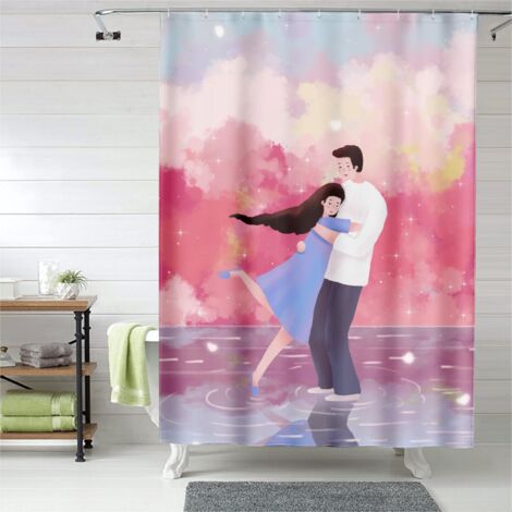 Rideau de douche motif amoureux cartoon, œillets plastique, imperméable (1/5)