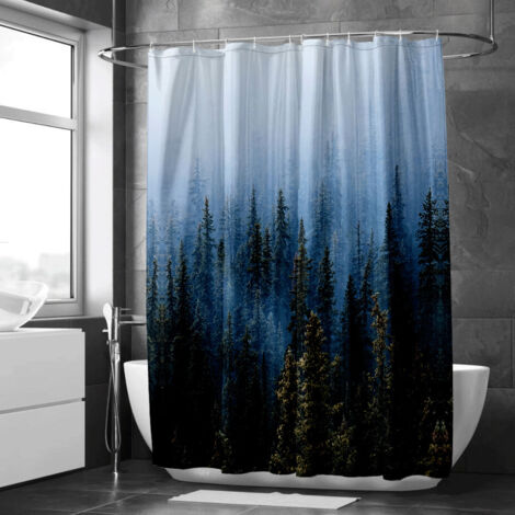 Rideau de douche forêt brumeuse verte – Style zen, décoration spa (1/5)