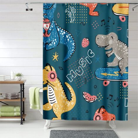 Rideau de douche motif dinosaures rigolos, œillets plastique, polyester, lavable (1/5)
