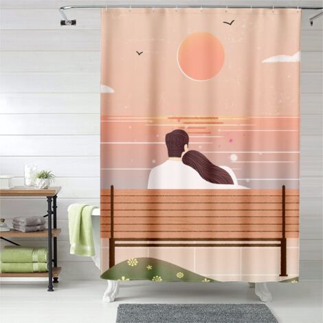 Rideau de douche motif couple mignon, œillets plastique, entretien facile (1/5)