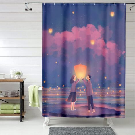 Rideau de douche motif couple souriant, œillets plastique, imperméable (1/5)