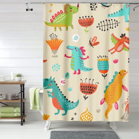 Rideau de douche dinosaures joyeux, œillets plastique, anti-moisissure (1/5)