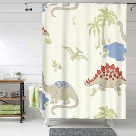 Rideau de douche dinosaures souriants, œillets plastique, séchage rapide (1/5)