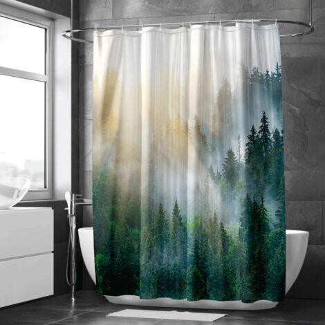 Rideau de douche imprimé forêt embrumée – Décoration naturelle salle de bain (1/5)