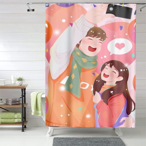 Rideau de douche couple kawaii, œillets plastique, lavable machine (1/5)