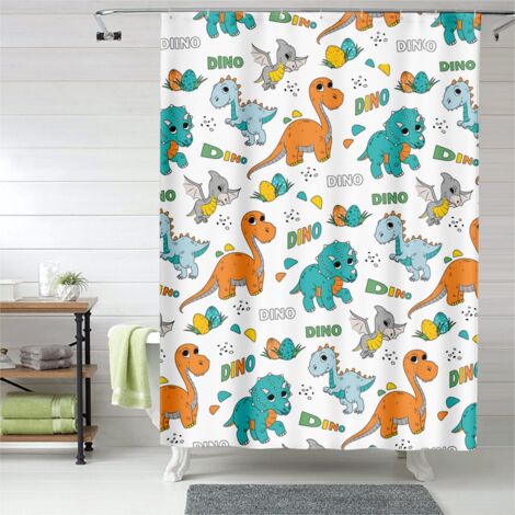 Rideau de douche dinosaures et volcans, œillets plastique, imperméable (1/5)
