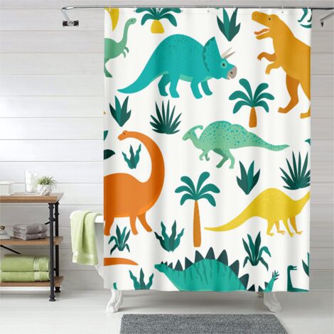 Rideau de douche dinosaures et volcans, œillets plastique, séchage rapide (1/5)