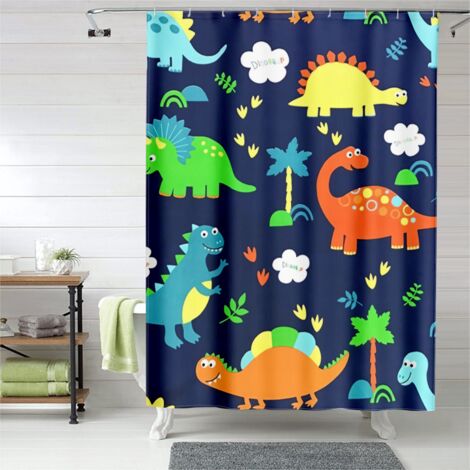 Rideau de douche motif dinosaures colorés, œillets plastique, durable (1/5)