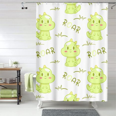 Rideau de douche dinosaures cartoon, œillets plastique, polyester, lavable (1/5)