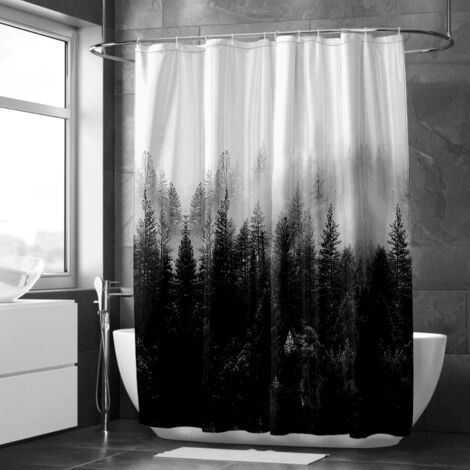 Rideau de douche forêt brumeuse en noir et blanc – Style graphique (1/5)