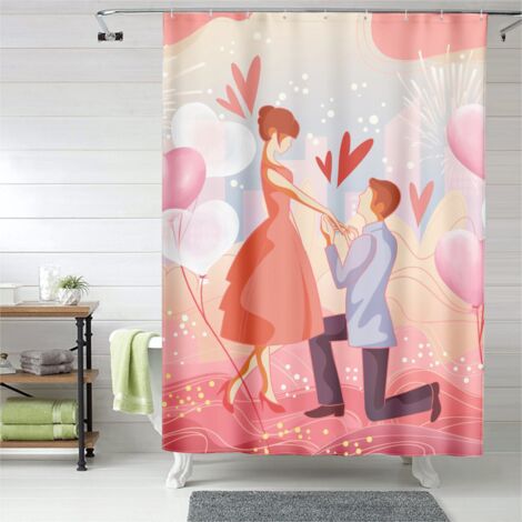 Rideau de douche imprimé amoureux, œillets plastique, facile à installer (1/5)