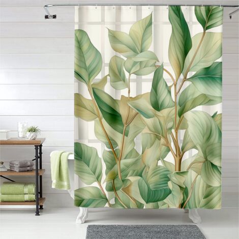 Rideau de douche plantes vertes bohème, œillets plastique, lavable (1/5)